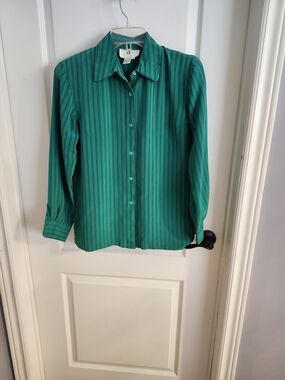 Classic Green Striped Button-Up Blouse